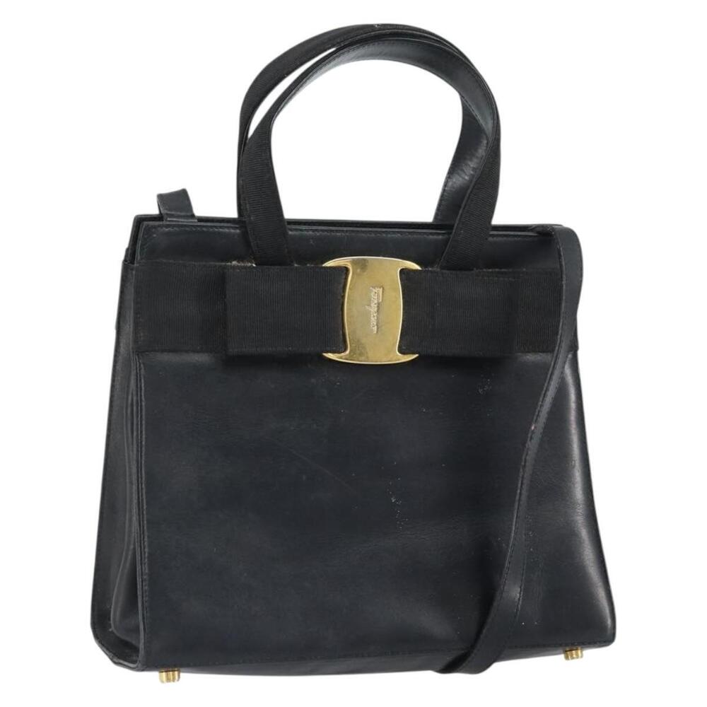 Salvatore Ferragamo Vala Hand Bag Leather 2way Black Gold Auth 161693